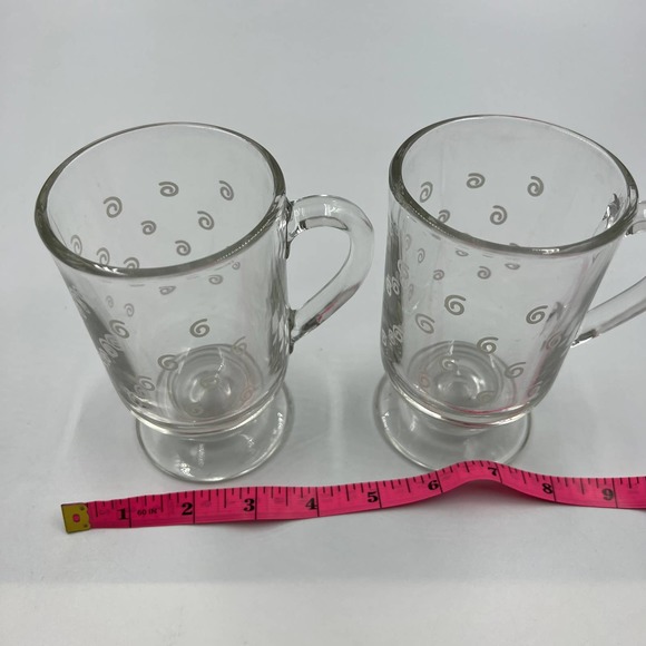 Vintage Set Clear Glass Mugs White Swirl Pattern Heavy Set Of Two Art Deco - Picture 6 of 8